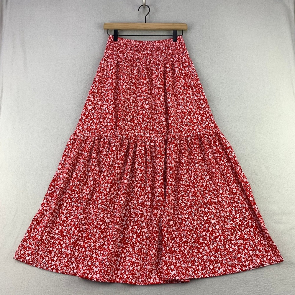 Floral Maxi Skirt Women Size S Red Smocked Waist Tiered Boho Ditsy